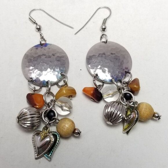 Vintage Boho Dangle Beaded Fringe Earrings, Silver Tone, Hammered Finished - Picture 5 of 6